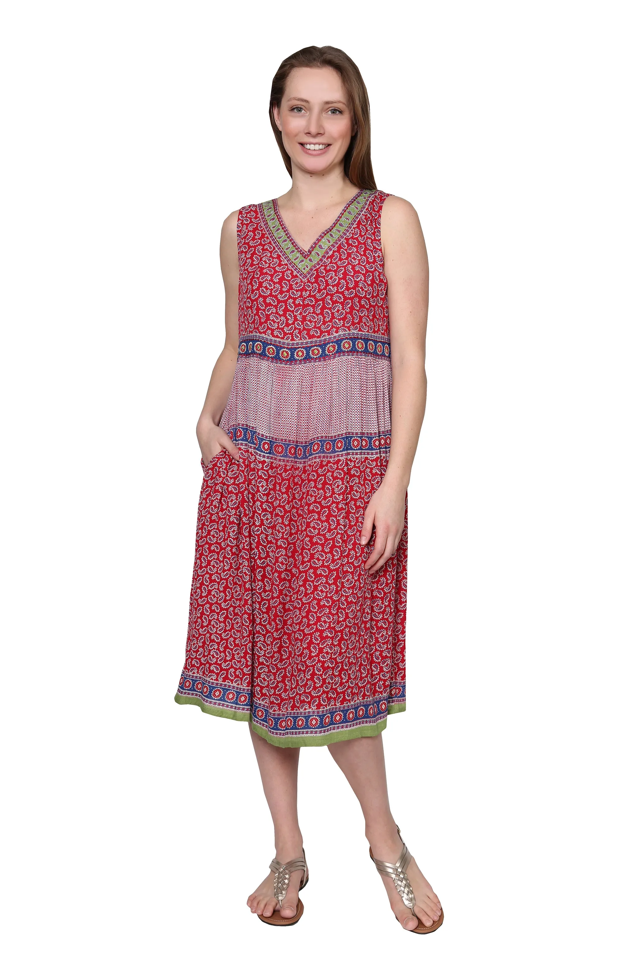 V-Neckline Empire Waist Border Print Dress