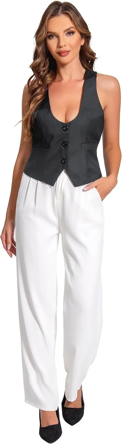 V VOCNI Suit Vest for Women Waistcoat Vintage Steampunk Dressy Casual Racerback Vest Jacket
