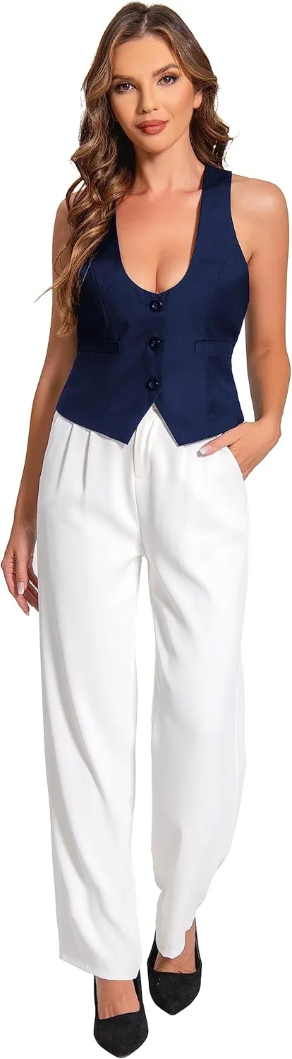 V VOCNI Suit Vest for Women Waistcoat Vintage Steampunk Dressy Casual Racerback Vest Jacket