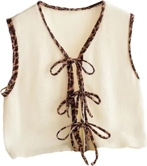 Verdusa Women's Plus Size Bow Tie Cheetah Sweater Vests V Neck Sleeveless Knit Crop Tops