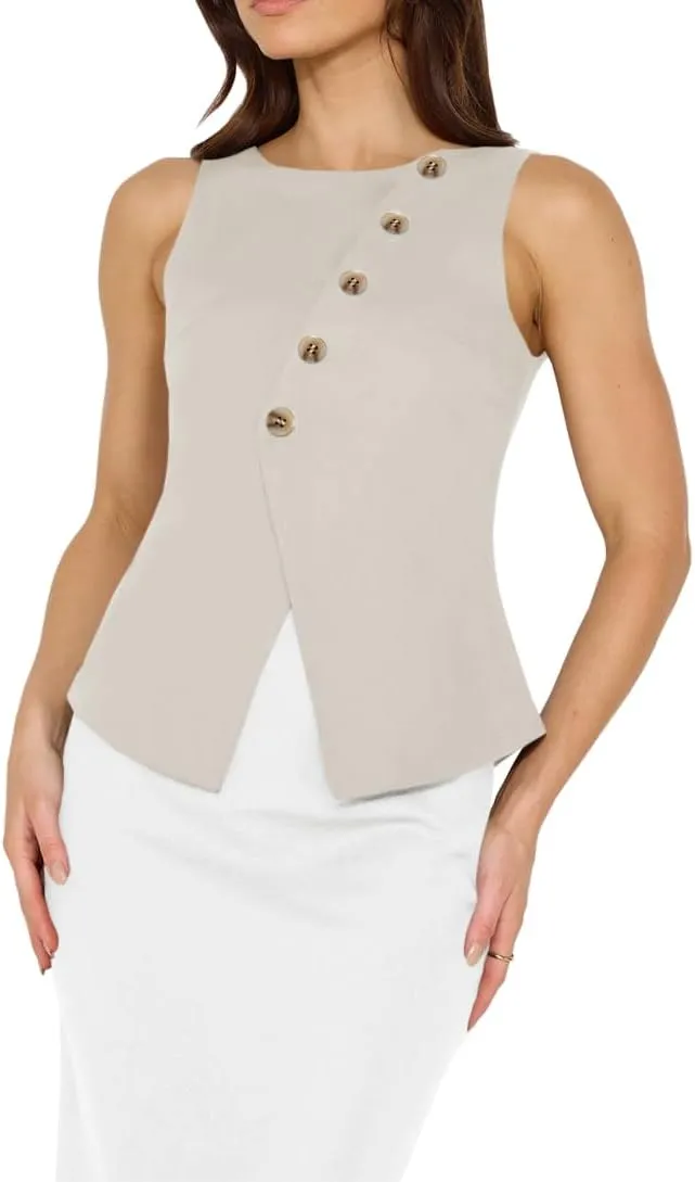 Vest Tops for Women Casual Crewneck Button Down Waistcoat Sleeveless Business Office Work Blazer Suit Vests