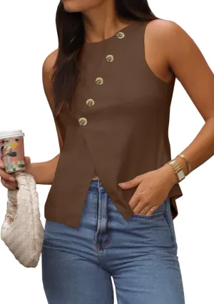 Vest Tops for Women Casual Crewneck Button Down Waistcoat Sleeveless Business Office Work Blazer Suit Vests