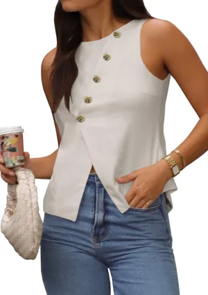 Vest Tops for Women Casual Crewneck Button Down Waistcoat Sleeveless Business Office Work Blazer Suit Vests