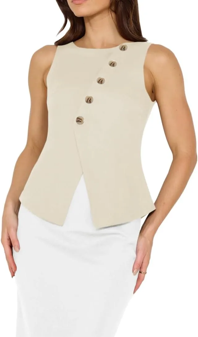 Vest Tops for Women Casual Crewneck Button Down Waistcoat Sleeveless Business Office Work Blazer Suit Vests