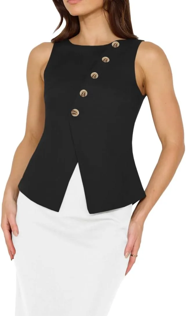 Vest Tops for Women Casual Crewneck Button Down Waistcoat Sleeveless Business Office Work Blazer Suit Vests