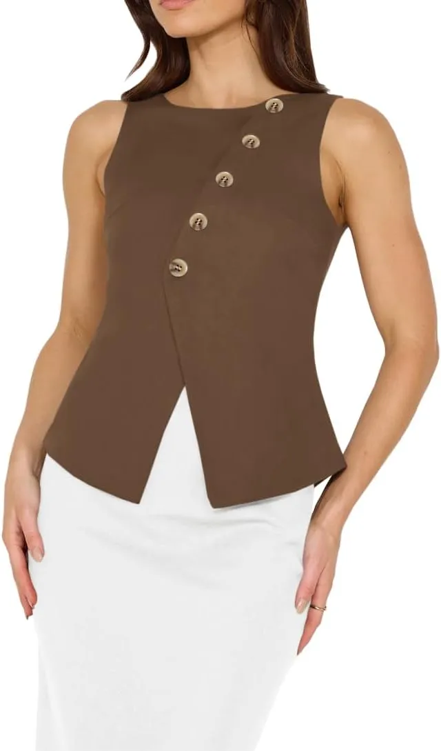 Vest Tops for Women Casual Crewneck Button Down Waistcoat Sleeveless Business Office Work Blazer Suit Vests