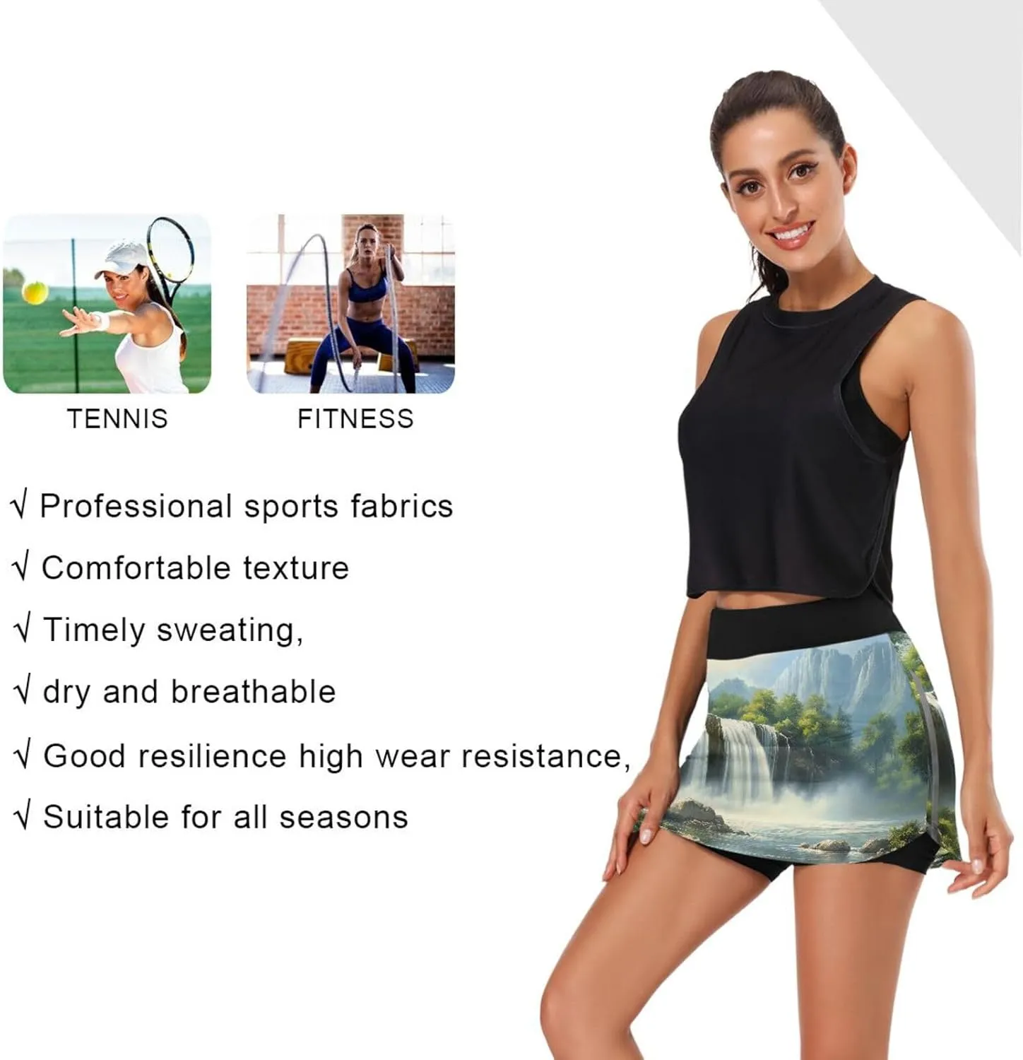 Waterfall View Tennis Skirts for Women - High Waisted Athletic Golf Skorts Built-in Shorts with Pockets