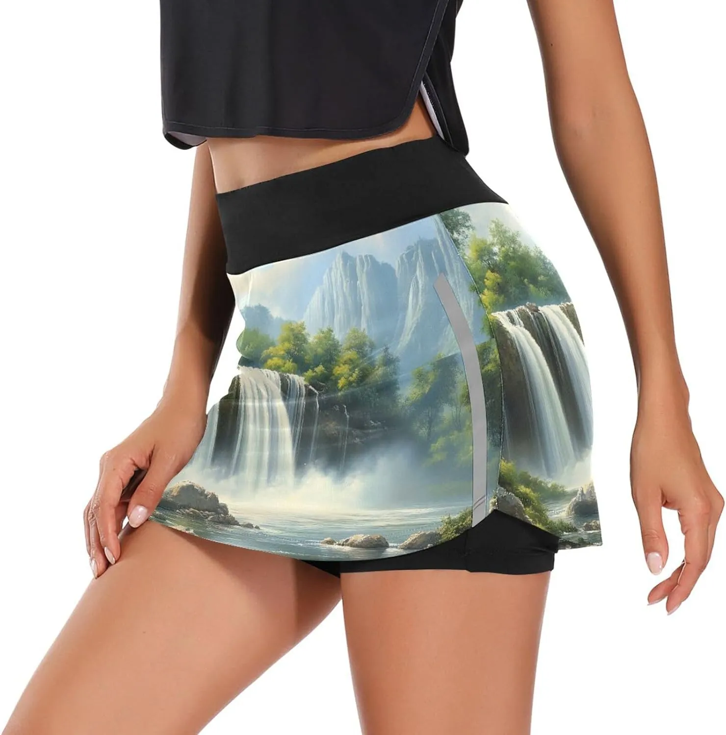 Waterfall View Tennis Skirts for Women - High Waisted Athletic Golf Skorts Built-in Shorts with Pockets