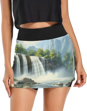 Waterfall View Tennis Skirts for Women - High Waisted Athletic Golf Skorts Built-in Shorts with Pockets