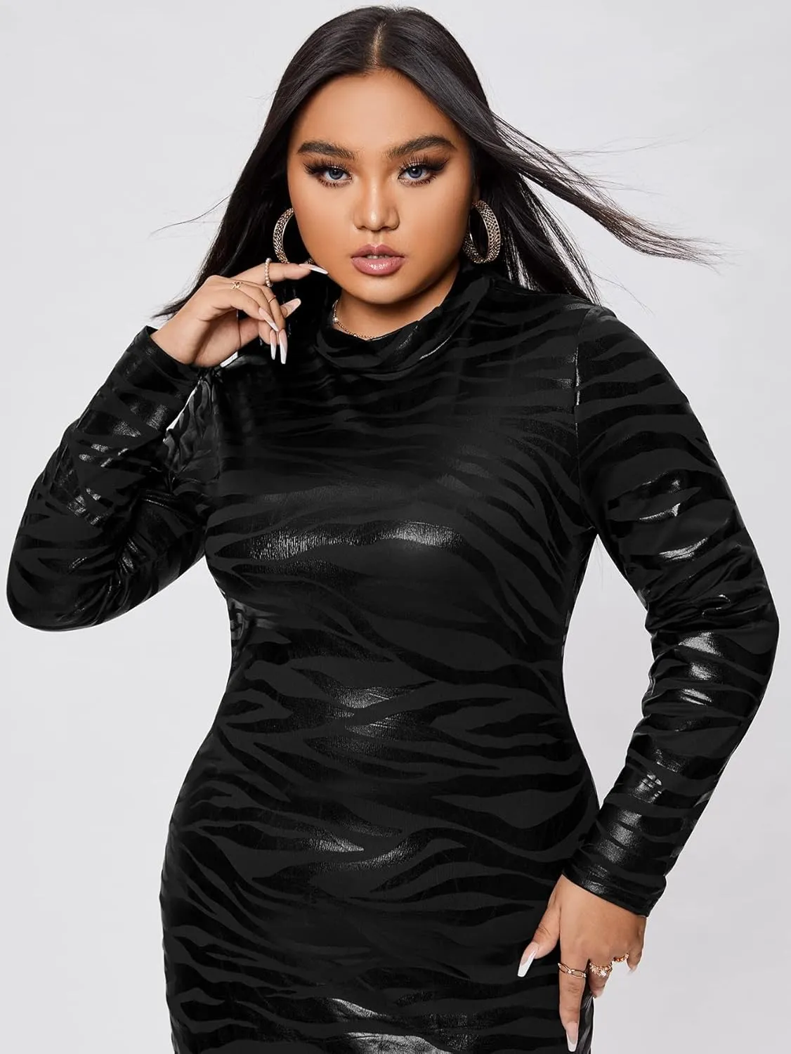 WDIRARA Women's Plus Size Zebra Print Long Sleeve Midi Dress Striped Mock Neck Bodycon Dresses