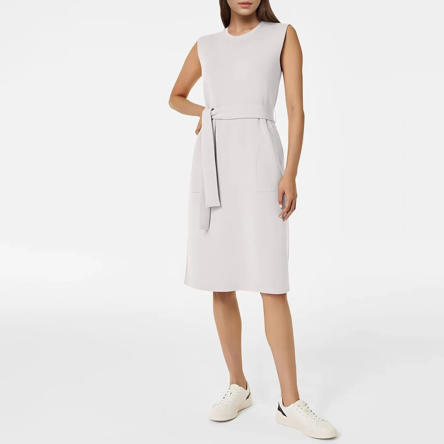 Women Air Essentials Tie Waist Tank Dress Summer Sleeveless Midi Dresses Casual Split Pencil Dress with Pockets
