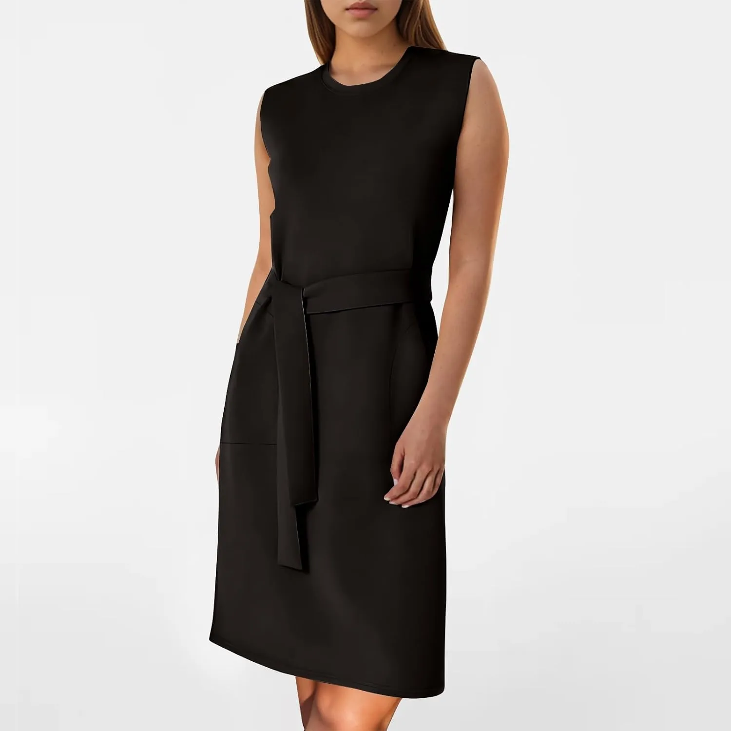 Women Air Essentials Tie Waist Tank Dress Summer Sleeveless Midi Dresses Casual Split Pencil Dress with Pockets