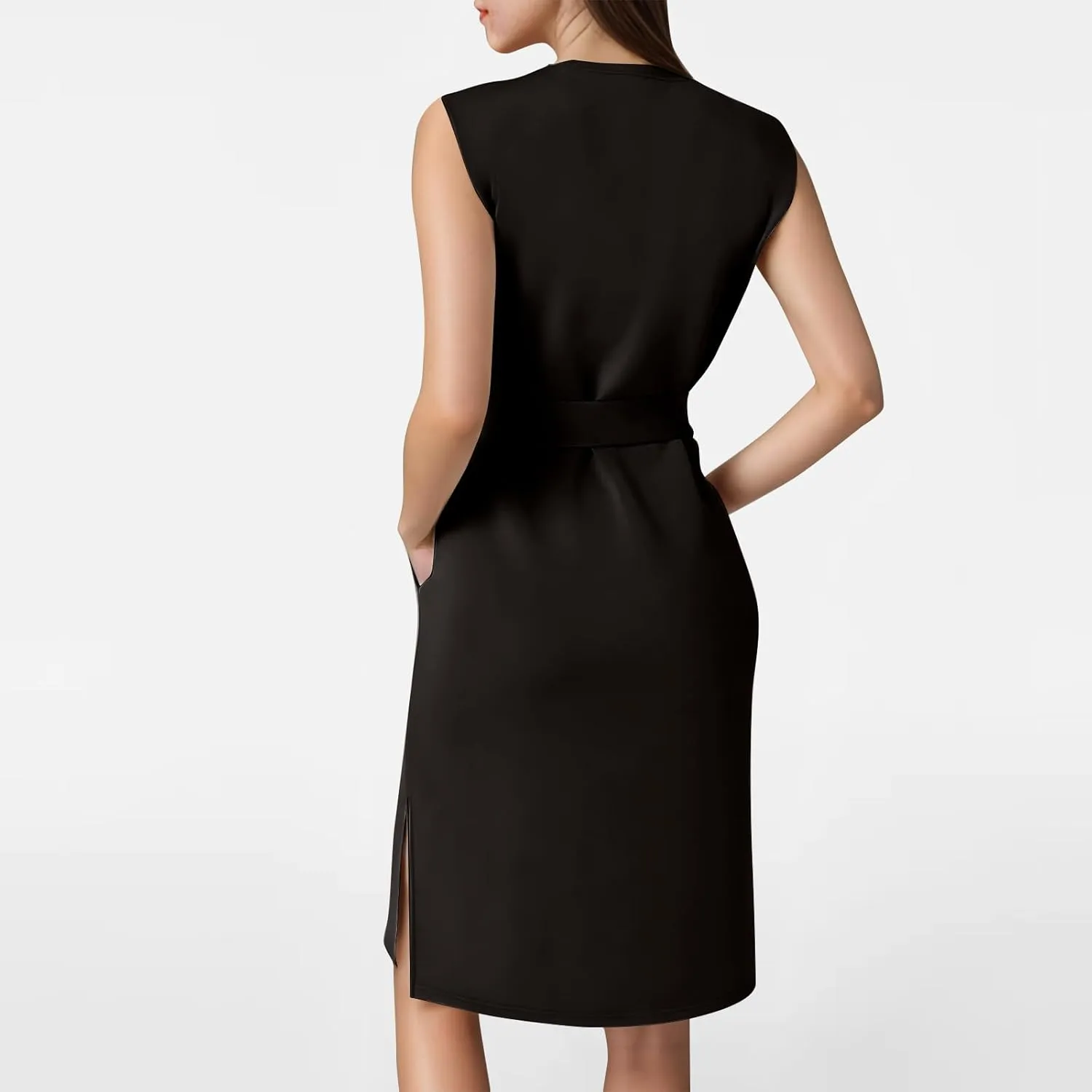 Women Air Essentials Tie Waist Tank Dress Summer Sleeveless Midi Dresses Casual Split Pencil Dress with Pockets