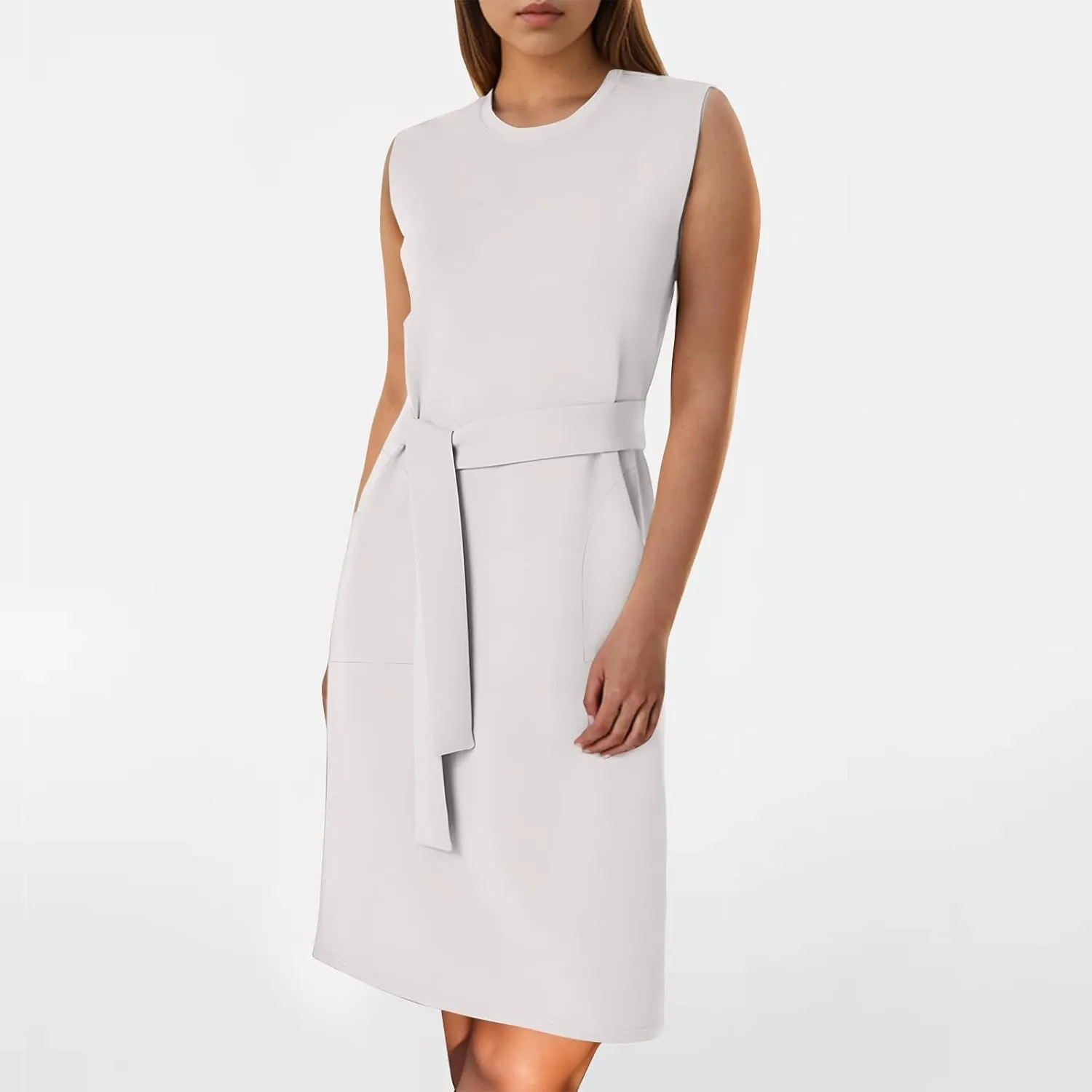 Women Air Essentials Tie Waist Tank Dress Summer Sleeveless Midi Dresses Casual Split Pencil Dress with Pockets