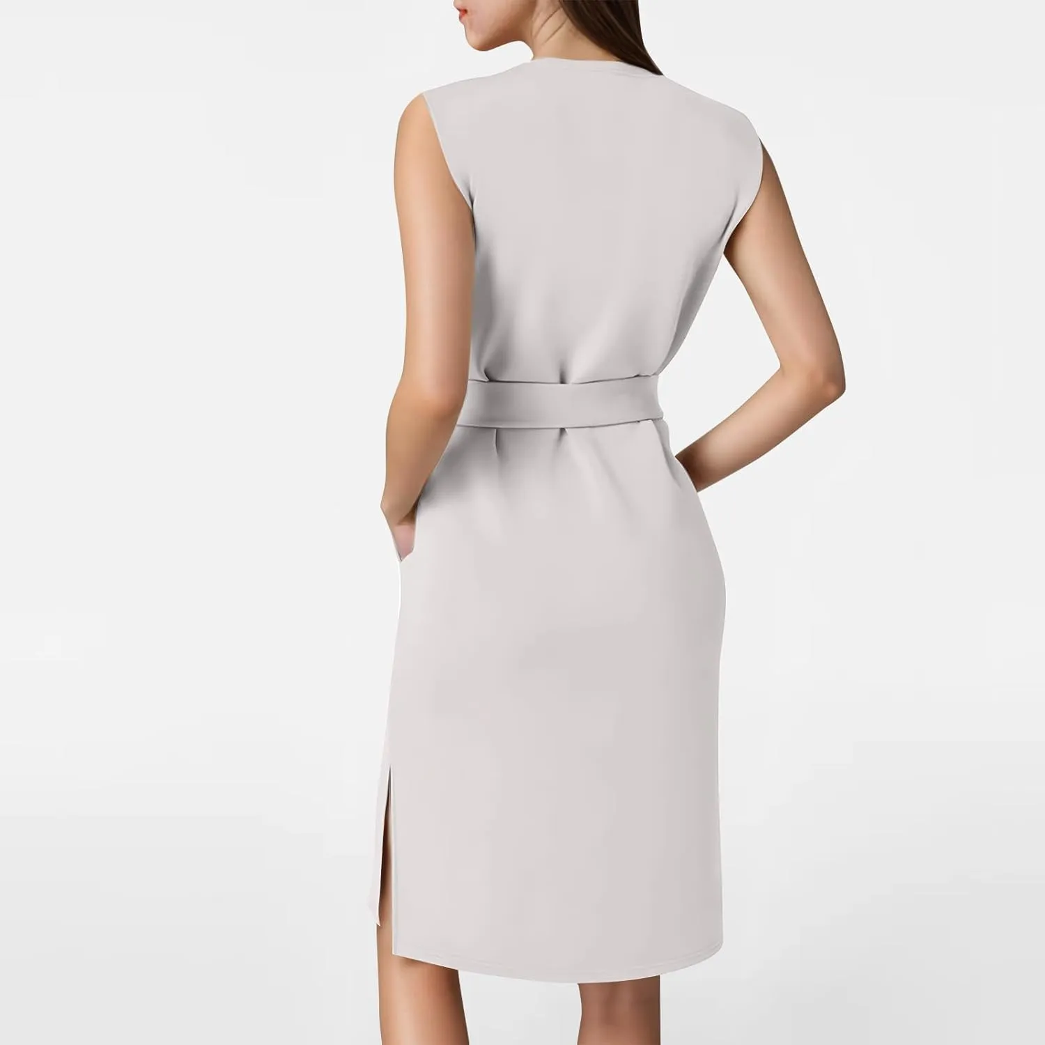 Women Air Essentials Tie Waist Tank Dress Summer Sleeveless Midi Dresses Casual Split Pencil Dress with Pockets