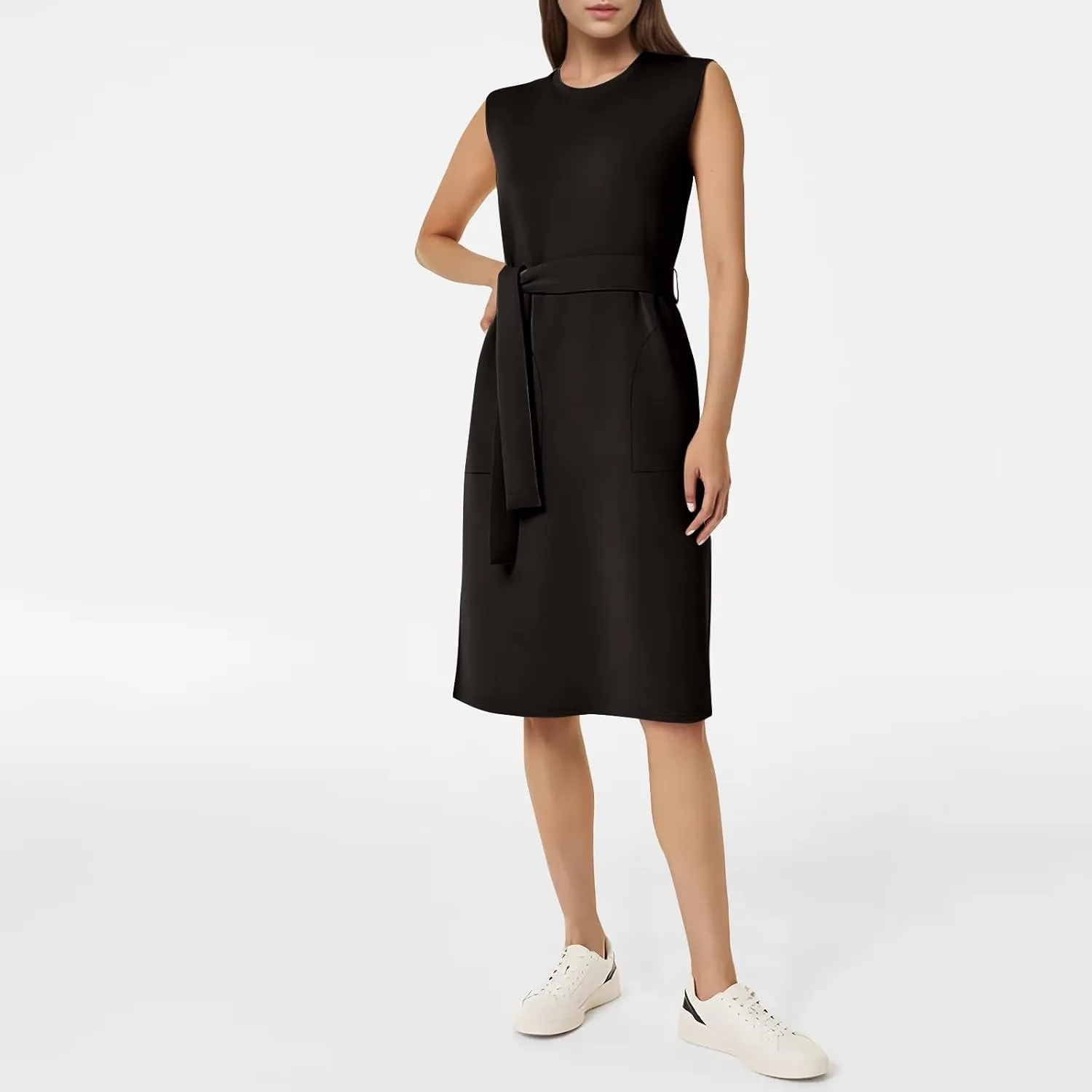 Women Air Essentials Tie Waist Tank Dress Summer Sleeveless Midi Dresses Casual Split Pencil Dress with Pockets