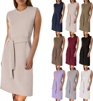 Women Air Essentials Tie Waist Tank Dress Summer Sleeveless Midi Dresses Casual Split Pencil Dress with Pockets
