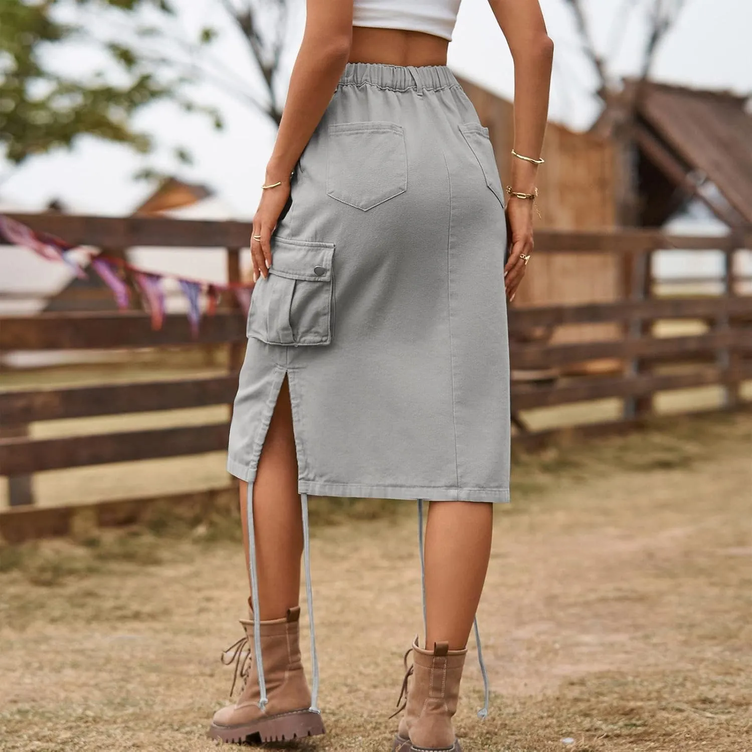 Women Cargo Skirt Long Skirt with Slit for Womens Autumn Retro Solid Skirts Vintage Midi Skirts Summer Long Maxi