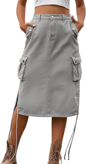 Women Cargo Skirt Long Skirt with Slit for Womens Autumn Retro Solid Skirts Vintage Midi Skirts Summer Long Maxi