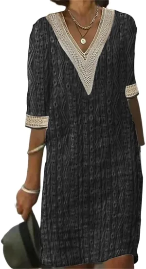 Women Casual Boho Half Sleeve Flowy Shift Midi Dress Summer V Neck Lace Hollow Flowy Beach Tshirt Dress