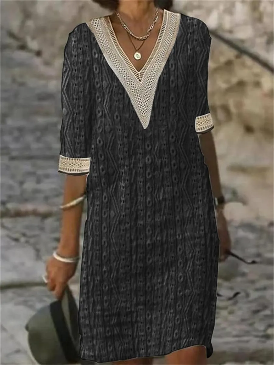 Women Casual Boho Half Sleeve Flowy Shift Midi Dress Summer V Neck Lace Hollow Flowy Beach Tshirt Dress