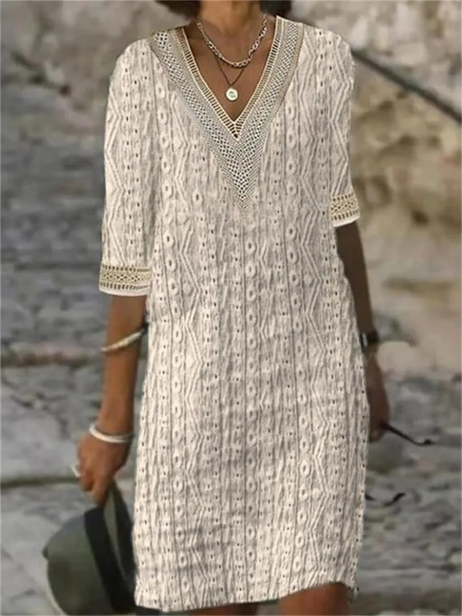 Women Casual Boho Half Sleeve Flowy Shift Midi Dress Summer V Neck Lace Hollow Flowy Beach Tshirt Dress