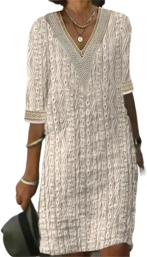 Women Casual Boho Half Sleeve Flowy Shift Midi Dress Summer V Neck Lace Hollow Flowy Beach Tshirt Dress