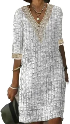 Women Casual Boho Half Sleeve Flowy Shift Midi Dress Summer V Neck Lace Hollow Flowy Beach Tshirt Dress