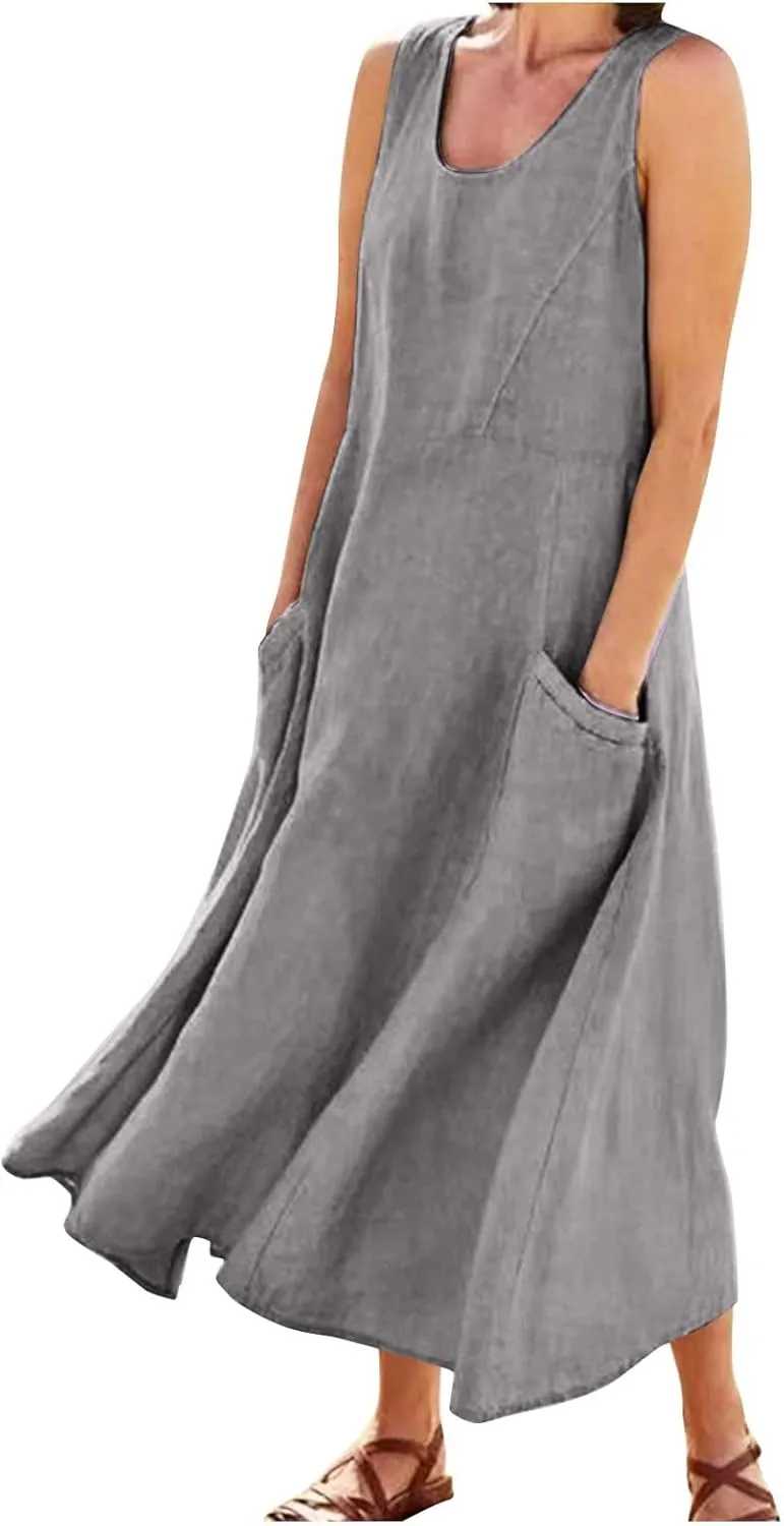 Women Casual Loose Solid Colour Sleeveless Cotton Linen Dress with Pockets Long Maxi Summer Beach Dress 2024