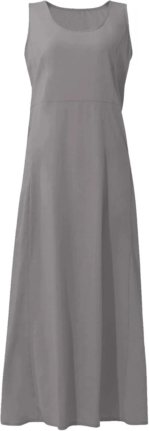 Women Casual Loose Solid Colour Sleeveless Cotton Linen Dress with Pockets Long Maxi Summer Beach Dress 2024