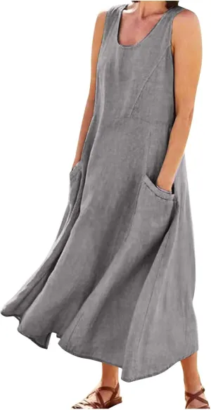 Women Casual Loose Solid Colour Sleeveless Cotton Linen Dress with Pockets Long Maxi Summer Beach Dress 2024