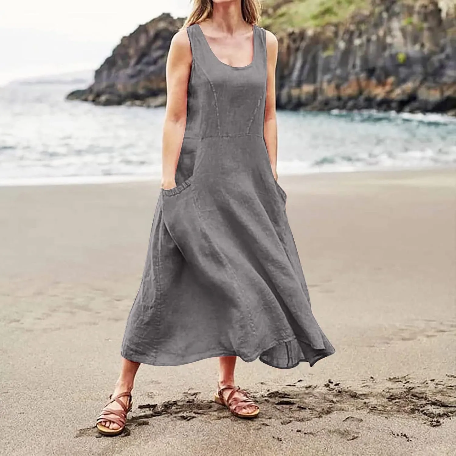 Women Casual Loose Solid Colour Sleeveless Cotton Linen Dress with Pockets Long Maxi Summer Beach Dress 2024
