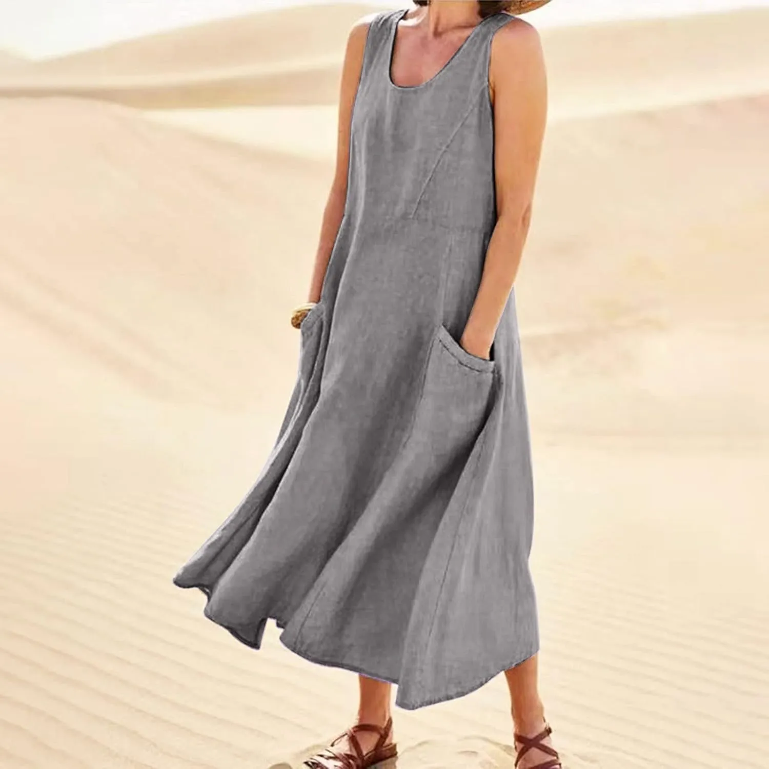 Women Casual Loose Solid Colour Sleeveless Cotton Linen Dress with Pockets Long Maxi Summer Beach Dress 2024