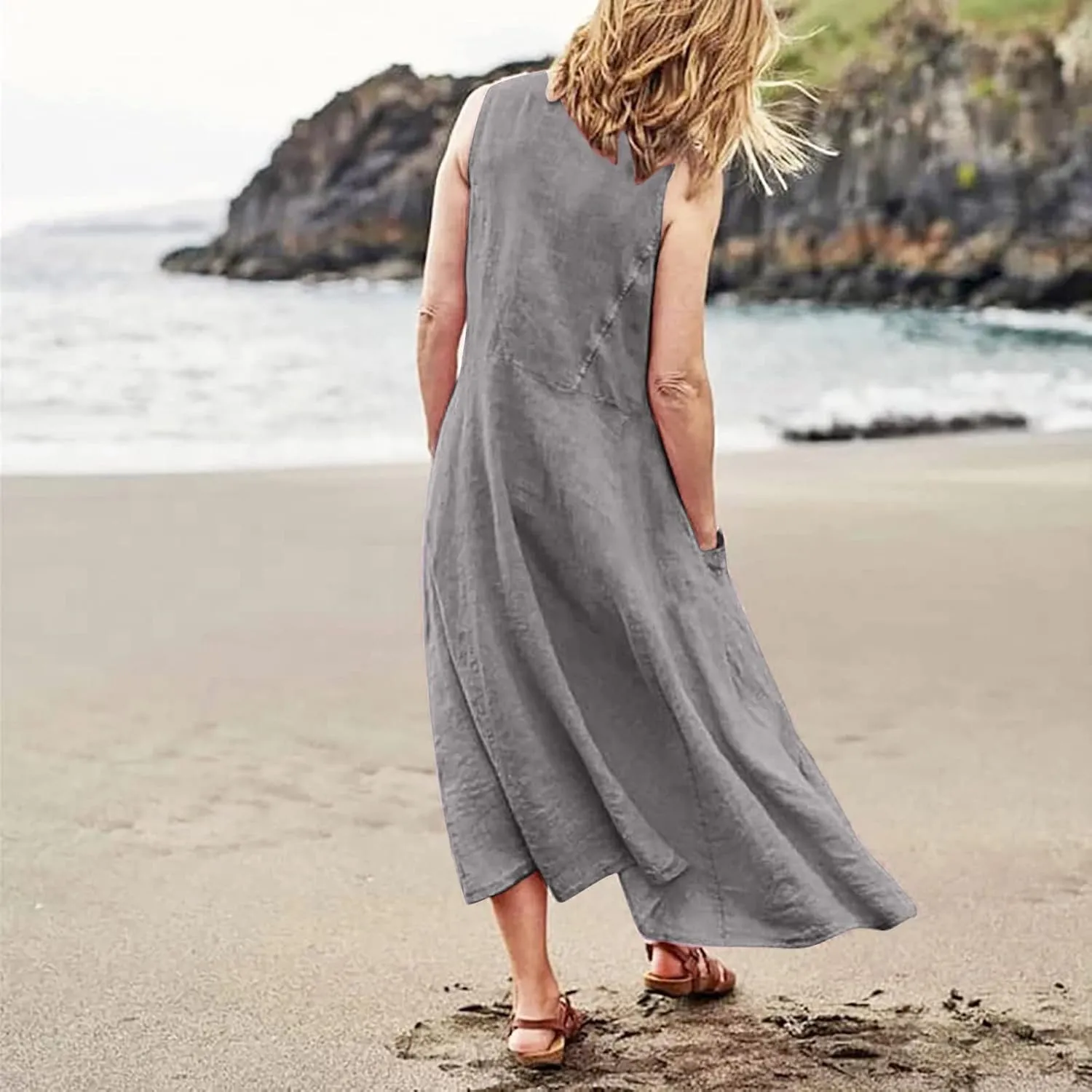 Women Casual Loose Solid Colour Sleeveless Cotton Linen Dress with Pockets Long Maxi Summer Beach Dress 2024