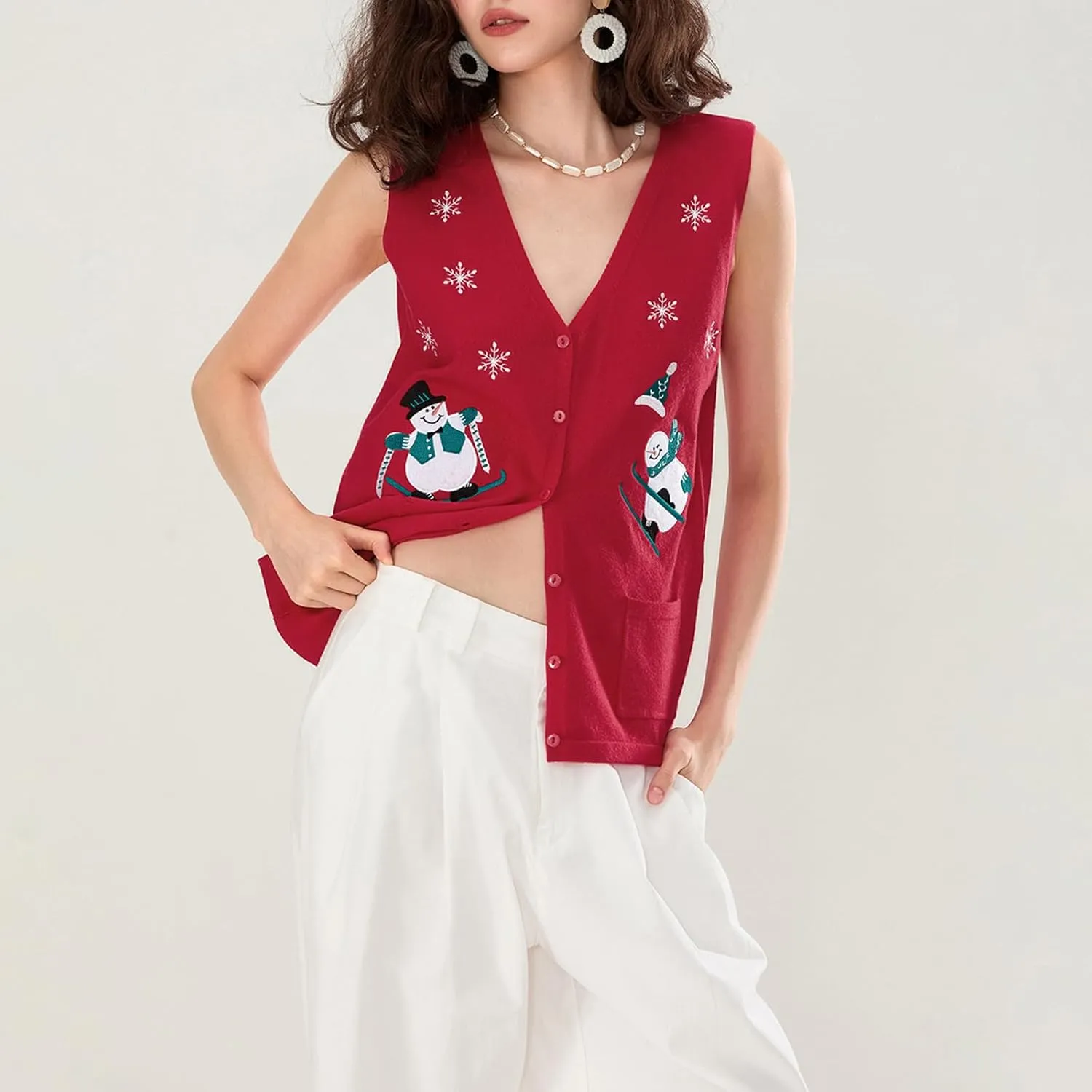 Women Christmas Sweater Vests Santa Claus Print Sleeveless Knit Cardigan Vest Christmas Holiday Tank Top