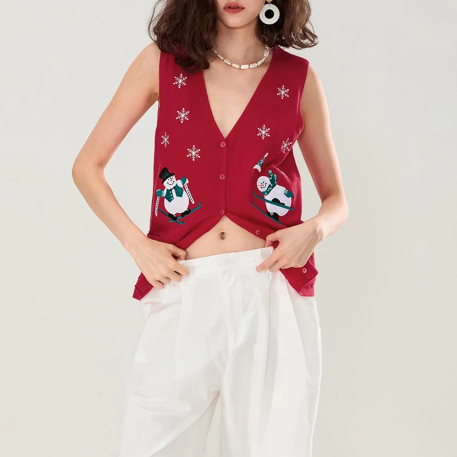 Women Christmas Sweater Vests Santa Claus Print Sleeveless Knit Cardigan Vest Christmas Holiday Tank Top