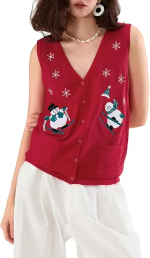 Women Christmas Sweater Vests Santa Claus Print Sleeveless Knit Cardigan Vest Christmas Holiday Tank Top