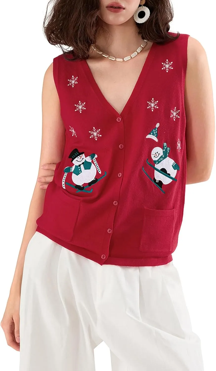 Women Christmas Sweater Vests Santa Claus Print Sleeveless Knit Cardigan Vest Christmas Holiday Tank Top