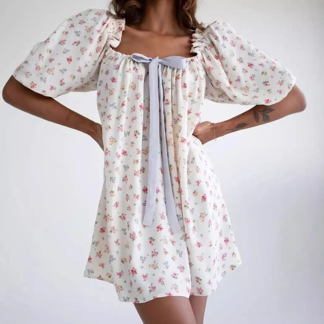 Women Cute Babydoll Dress Short Puff Sleeve Bow Tie Fairy Mini Dress Ruffle Boho Floral Short Slip Sundress