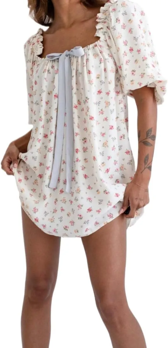 Women Cute Babydoll Dress Short Puff Sleeve Bow Tie Fairy Mini Dress Ruffle Boho Floral Short Slip Sundress