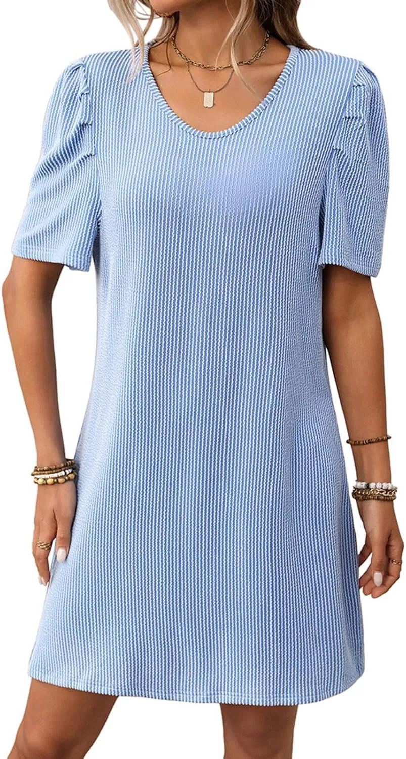 Women Elegant Short Sleeve Mini Dress Round Neck A Line T Shirt Dresses Semi Formal Outfits Summer Clothes