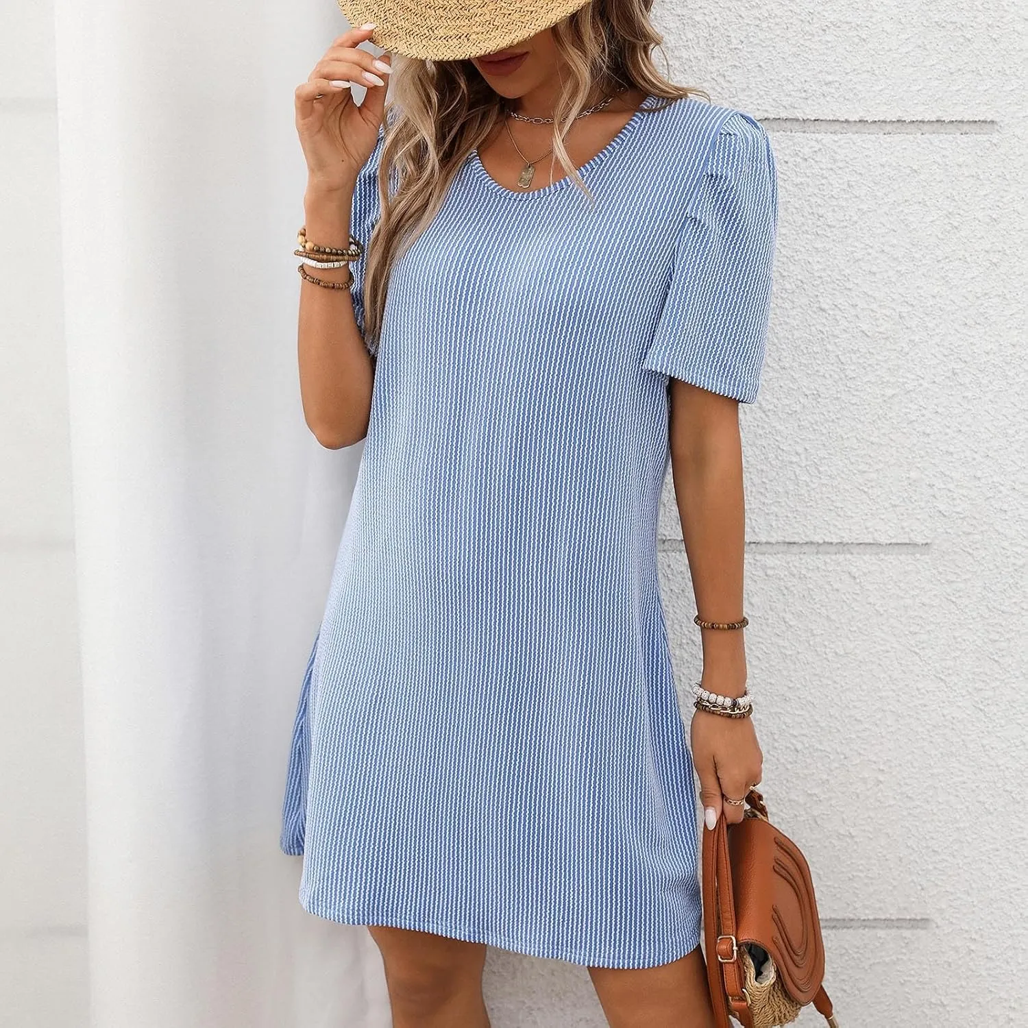 Women Elegant Short Sleeve Mini Dress Round Neck A Line T Shirt Dresses Semi Formal Outfits Summer Clothes