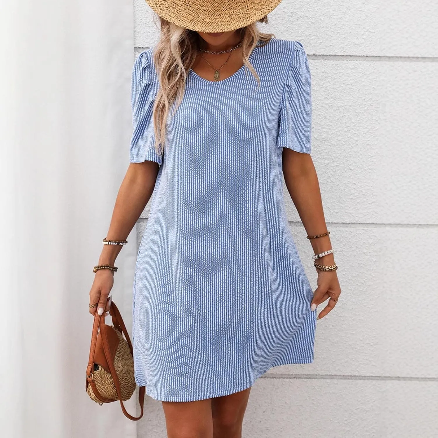 Women Elegant Short Sleeve Mini Dress Round Neck A Line T Shirt Dresses Semi Formal Outfits Summer Clothes