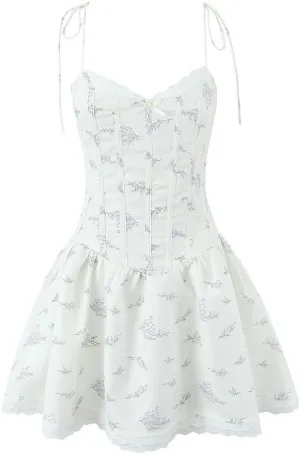 Women Floral Print Spaghetti Strap Dress Lace Spliced Boning Slim Waist Mini Dress V-Neck A-Line Party Dresses
