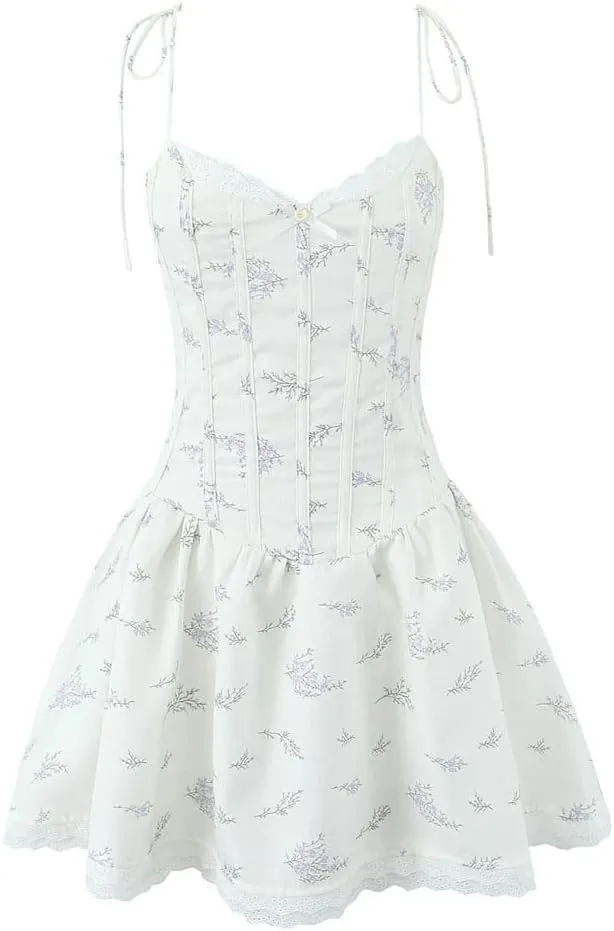 Women Floral Print Spaghetti Strap Dress Lace Spliced Boning Slim Waist Mini Dress V-Neck A-Line Party Dresses