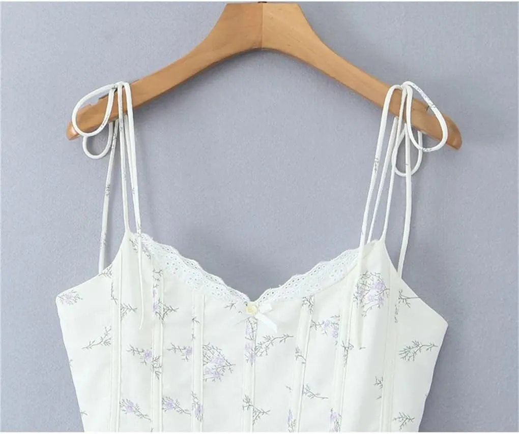 Women Floral Print Spaghetti Strap Dress Lace Spliced Boning Slim Waist Mini Dress V-Neck A-Line Party Dresses