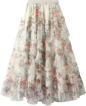 Women Floral Tulle Tutu Maxi Skirt Irregular Pleated A Line Midi Skirt Flowy Layered Mesh Long Skirt