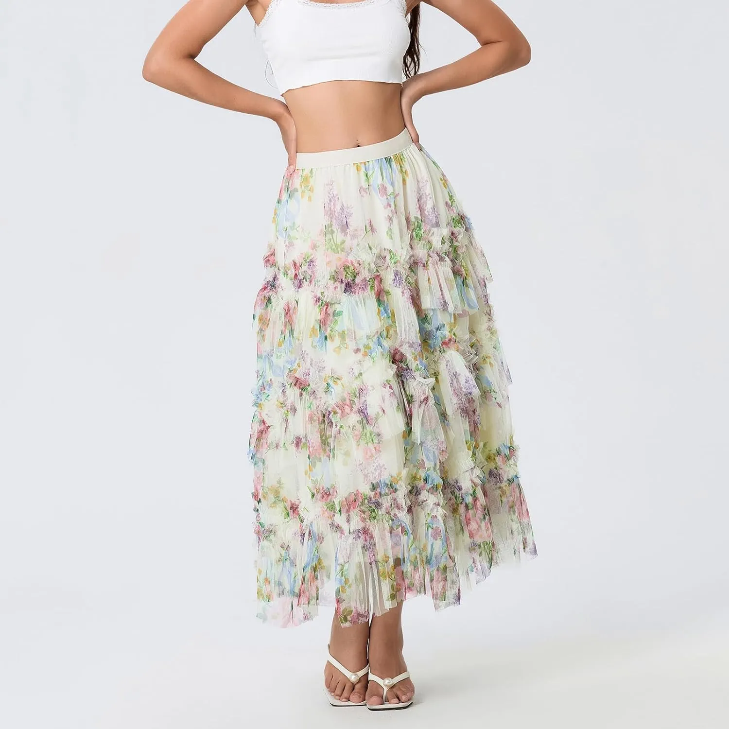 Women Floral Tulle Tutu Maxi Skirt Irregular Pleated A Line Midi Skirt Flowy Layered Mesh Long Skirt