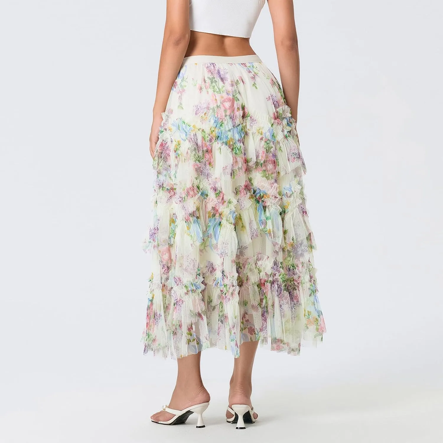 Women Floral Tulle Tutu Maxi Skirt Irregular Pleated A Line Midi Skirt Flowy Layered Mesh Long Skirt