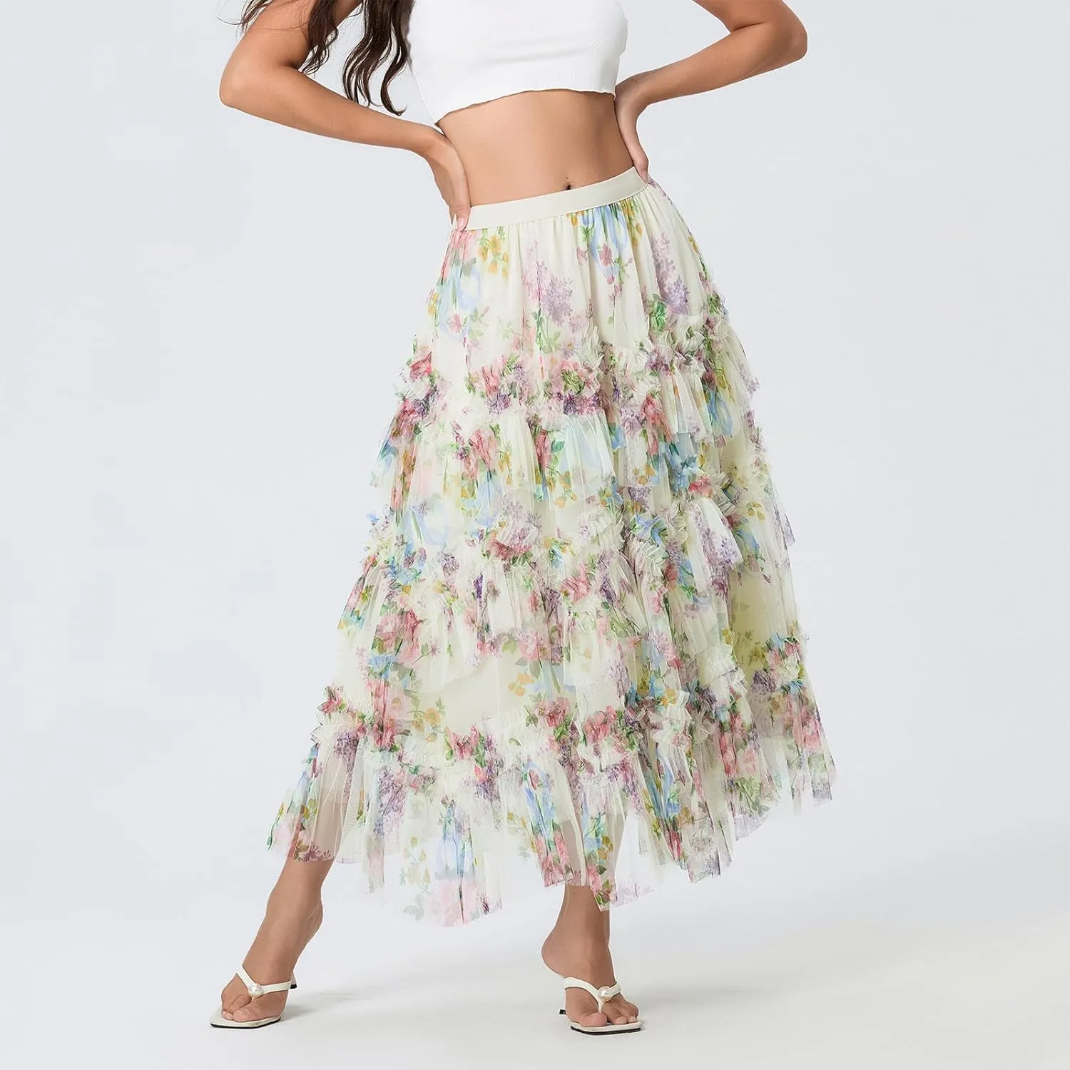 Women Floral Tulle Tutu Maxi Skirt Irregular Pleated A Line Midi Skirt Flowy Layered Mesh Long Skirt